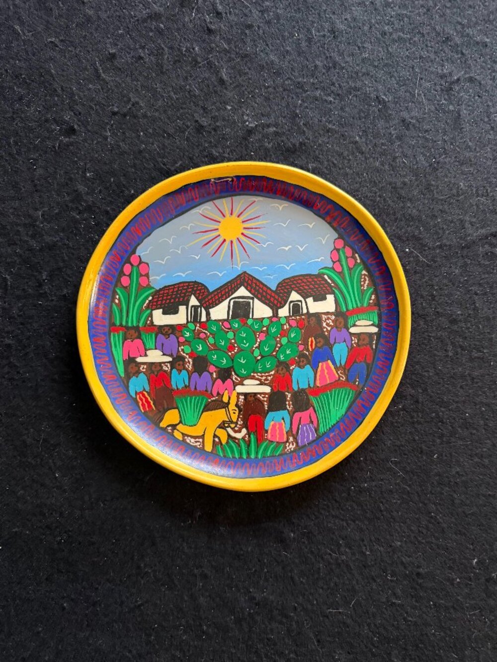 Vintage Mexican Hand-Painted Folk Art Terracotta Plate